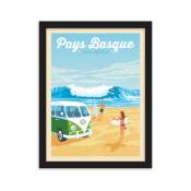 Affiche Pays Basque France - Surf + Cadre Bois noir 30x40 cm