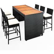 Casaria - Bar de jardin 6+1 en polyrotin noir Ensemble table chaises Plateau de table en acacia Coussins inclus terrasse balcon