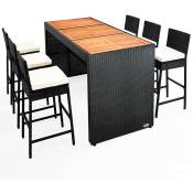 Ensemble bar de jardin 7 pièces polyrotin noir set 1 table + 6 tabourets avec coussins bois d'acacia exterieur - Casaria