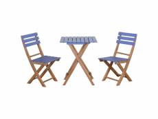 Ensemble bistro de jardin 3 pièces pliantes style colonial 2 chaises + table bois pin pré-huilé peint bleu