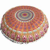 Housse de coussin de style bohémien, 80 x 80 cm - Grand oreiller de sol Mandala - Housse de coussin de méditation rond - Pouf Ottoman, anti-allergène,