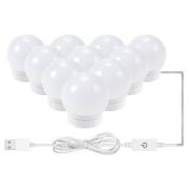 Kit D'Eclairage Miroir Led Pour Coiffeuse, Avec 10 Ampoules Reglables, 10 Luminosite Et 3 Modes D'Eclairage, Type Usb, Blanc - Blanc