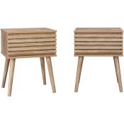 Lot de deux tables de chevet style scandinave décor bois avec tiroir rainuré et pieds compas - Naturel