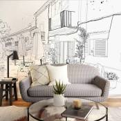 Papier peint panoramique terrasse d'été noir et blanc 300x250cm