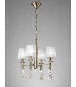 Suspension Tiffany 4+4 Ampoules E14+G9, laiton antique avec Abat jour blancs & cristal transaparent