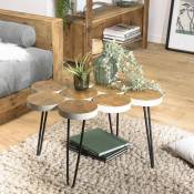 SUZY - Table basse plateau rondelles bois teck pieds épingles - Marron/Blanc/Noir