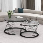 Table basse ronde ensemble de 2 dessus à motif de marbre avec cadre en métal petite table d'appoint pour le salon blanc et noir