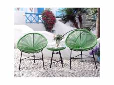 Acapulco : ensemble 2 fauteuils oeuf + table basse vert