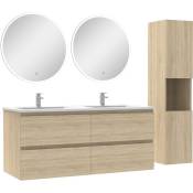 Acezanble - Ensemble meubles double vasque 120cm,colonne + miroir rond lumineux Chêne Wotan