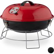 Barbecue rond, portable, couvercle, pique nique, grosse surface de cuisson,charbon de bois d.36 cm. rouge - Relaxdays