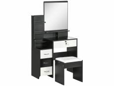 Ensemble coiffeuse tabouret design contemporain multi-rangement 4 tiroirs 4 étagères grand miroir noir blanc