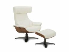 Ensemble fauteuil + pouf cuir et chêne naturel - naos - cuir blanc