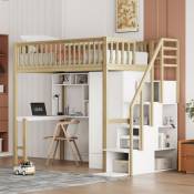 Lit mezzanine 90x200 cm - avec une penderie et un bureau - cadre de lit en bois - Blanc