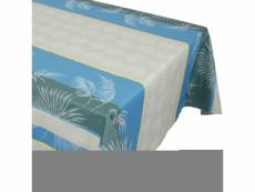 Nappe rectangle 150x350 cm palmier bleu lagon jacquard coton + enduction acrylique