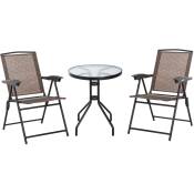 Outsunny - Ensemble de jardin 3 pièces 2 chaises inclinables multi-positions pliables + table ronde verre trempé métal époxy textilène chocolat