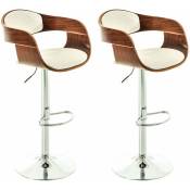 Set de 2 chaises hautes de bar avec repose-pied design moderne noyer et synthétique blanc