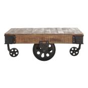 Table basse industrielle à roulettes en bois de manguier