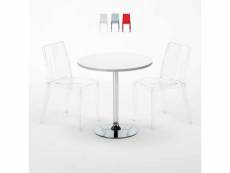 Table ronde blanche 70x70cm avec 2 chaises colorées et transparentes set intérieur bar café cristal light silver