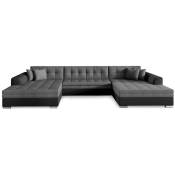 Canapé d'angle panoramique convertible tissu gris et simili noir Vira 355 cm