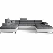 Canapé panoramique bi-matières tissu gris et simili cuir blanc coffre de rangement à gauche Kutty 345 cm