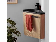 Ensemble meuble lave-mains d'angle décor chêne vasque noire skino avec robinet noir