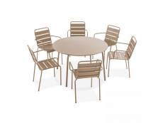 Ensemble table de jardin ronde et 6 fauteuils acier taupe - palavas