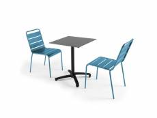 Ensemble table jardin stratifié gris foncé et 2 chaises bleu pacific
