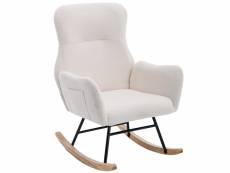Fauteuil à bascule chaise loisir et repos en peluche teddy blanc avec poches et pieds en bois massif
