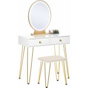 Homcom - Coiffeuse design - miroir led intégré - 2 tiroirs + 1 organisateur - tabouret inclus - métal noir mdf banc doré - Blanc
