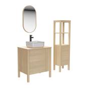 Meuble simple vasque 70cm chêne + vasque + robinet + miroir + colonne