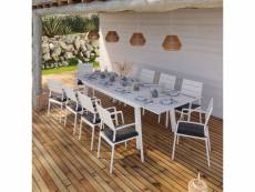 Table de jardin extensible aluminium blanc 216-300cm + 10 fauteuils empilables- luxembourg