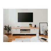 BERGEN Meuble TV 2 tiroirs - Decor chene artisan et blanc - L 160 x P 45 x H 40 cm - Multicolore