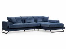 Canapé d'angle droit velours bleu avec têtières relevables et pieds metal noir briko 308 cm