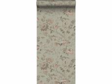 Papier peint fleurs vintage vert menthe grisé et rose clair - 139297 - 53 cm x 10,05 m 139297