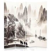 Paravent 4 Panneaux Décor Vallée Montagneux Chinois - 145 x 150 cm - 2 faces r° v° - Marron