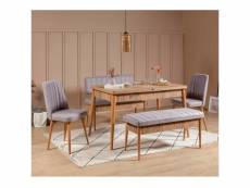 Set table extensible, 2 chaises, banc et banquette malva bois clair et tissu gris