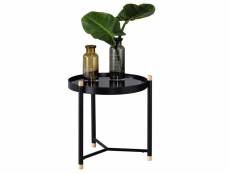 Table d'appoint alicia plateau rond aux bords relevés en verre trempé noir, table à café avec 3 pieds en métal noir et pin naturel