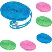 Corde à linge, lot de 6, 5 m, antidérapante, fil flexible avec crochets, pour camping, bleu - rose - vert - Relaxdays