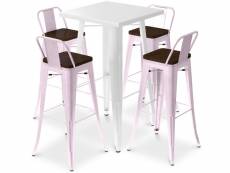 Ensemble table blanche et 4 tabourets de bar design industriel - bistrot stylix rose pâle