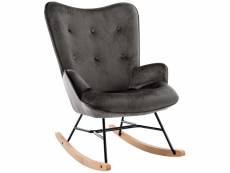 Fauteuil à bascule rocking chair bouton décoratif en tissu velours gris foncé confortable et design fab10071