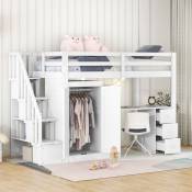 LBF - Lit mezzanine enfant 90x200 cm - avec penderie, escalier, bureau, tiroirs et placard, sommier à lattes, en pin massif - Blanc