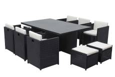 Table et chaises 10 places encastrables résine noir/blanc