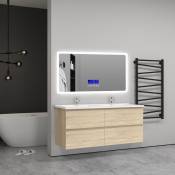 Aica Sanitaire - 120(L)x46(P)x52(H)cm Meuble salle de bain naturel avec 4 tiroirs à une fermeture amortie avec deux vasques à suspendre