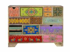 Commode 14 tiroirs en bois de manguier, avec des détails peints à la main : 90x120x40 cm