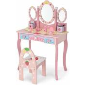 Costway - Coiffeuse pour Enfants 2 en 1 avec Miroir Amovible Pliable Chaise 3 Tiroirs 2 Boîtes de Rangement Table de Maquillage rose