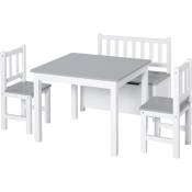 Ensemble de table et chaises enfant - set de 4 pièces - table, 2 chaises, banc coffre 2 en 1 - mdf pin blanc gris - Gris