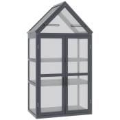 Outsunny Mini serre de jardin en polycarbonate cadre en bois 3 niveaux dim. 70,5L x 42l x 132H cm double porte aération réglables - gris-AOSOM.fr