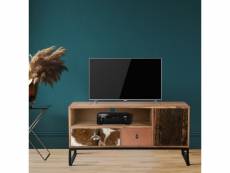 Planche basse tv avec 2 tiroirs, 100x50x40 cm, acacia et bois de seuil avec pieds en métal 390002761