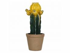 Sculpture de cactus en fleur pot design statue décoration contemporaine en céramique verte et jaune 12x12x32cm