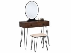 Coiffeuse design - miroir led intégré - 2 tiroirs + 1 organisateur - tabouret inclus - métal noir mdf imitation bois noyer foncé